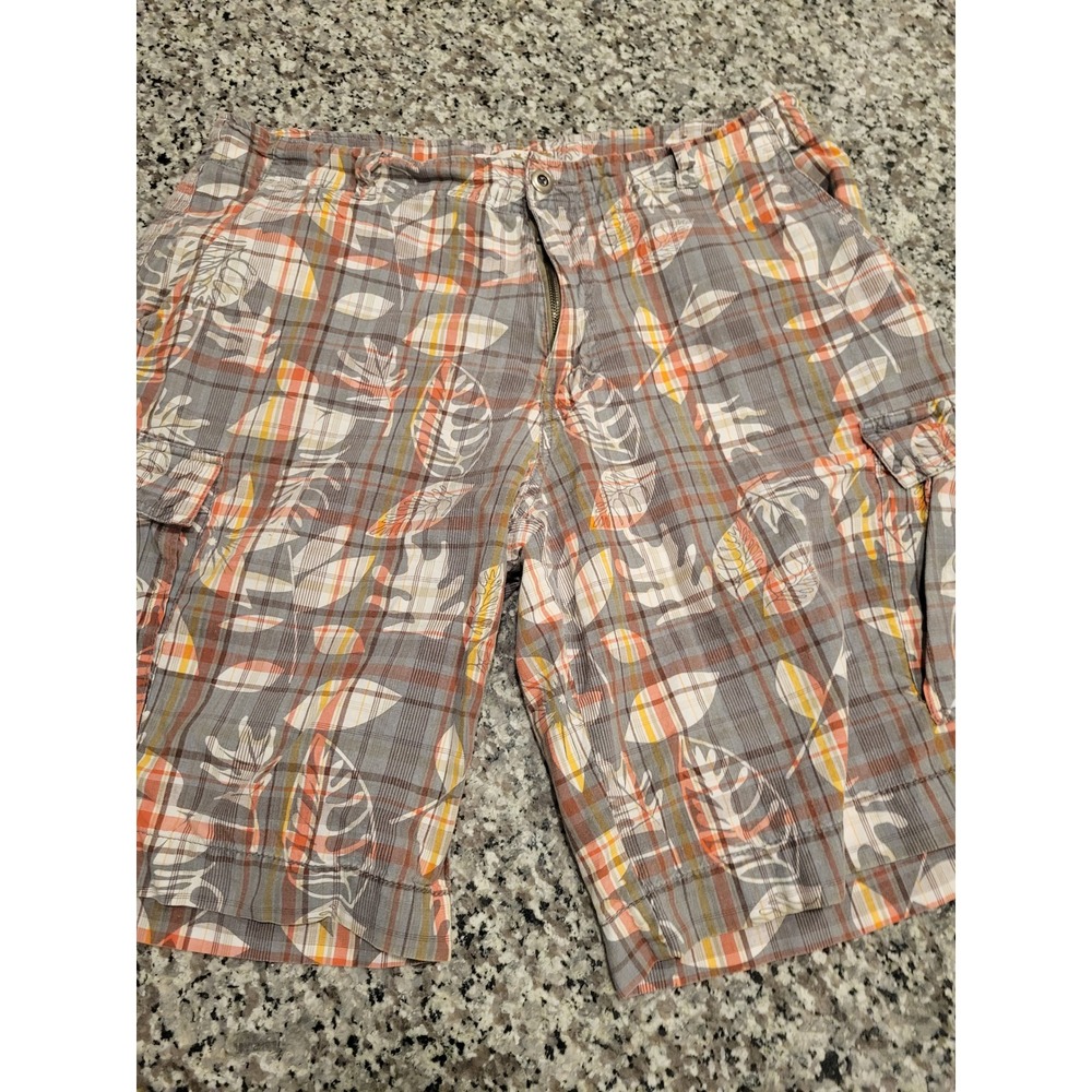 Plugg Mens Cargo Shorts Plaid Leaf Print Size 38 Tan Orange Gray‎ Casual